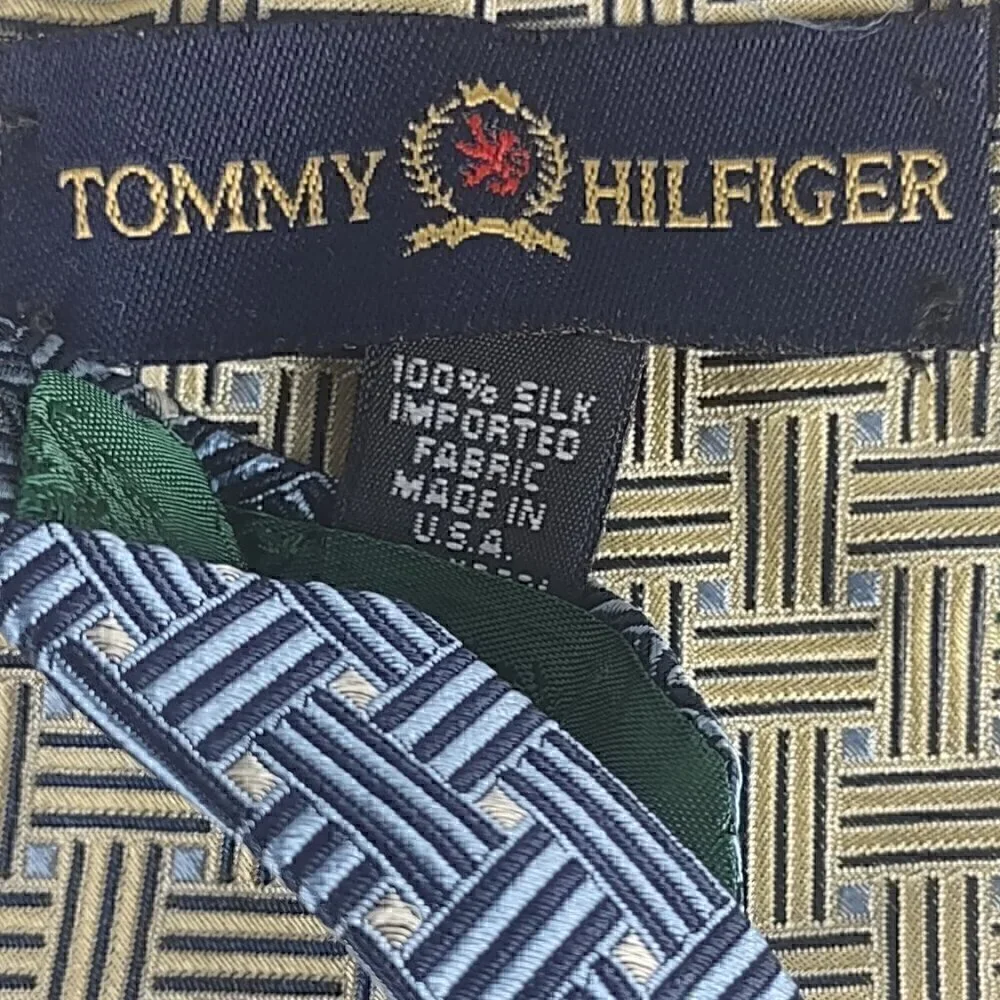Tommy Hilfiger Gold, Tan, Blue Patterned 100% U.S.A Made Silk Necktie